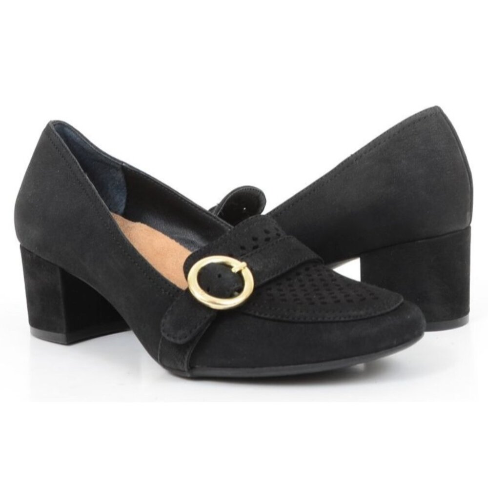 Giani Bernini Womens 6M Black Leather Buckle Cushioned Round Toe Block‎ Heels